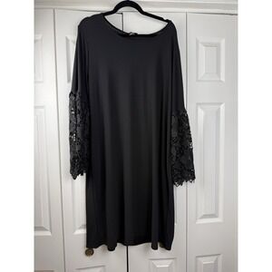 ALFANI Black Round Neck Long Lace Bell Sleeve Shift Pullover Knit Dress Size 18W